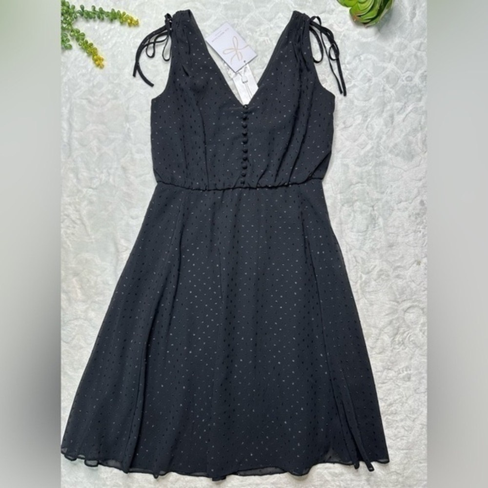 Gal Meets Glam Elora Swiss Dot Button Front Sleeveless Midi A-Line Dress Black
